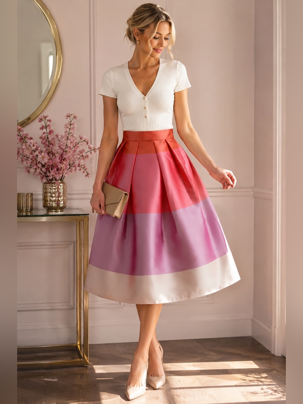 NWT Chicwish Colorblock Pleated Midi Skirt Satin A-Line High Waist Feminine XS